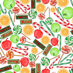 Christmas seamless pattern of festive candy, apples, oranges.