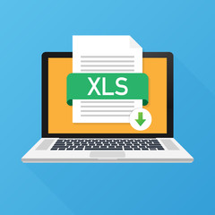 Download XLS button on laptop screen. Downloading document concept. File with XLS label and down arrow sign. Vector illustration.
