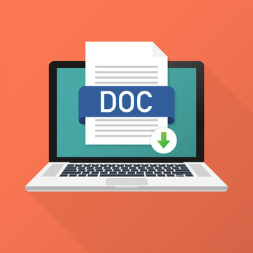 Download DOC button on laptop screen. Downloading document concept. File with DOC label and down arrow sign. Vector illustration.