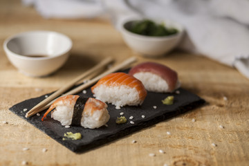 Fototapeta na wymiar Rustic table sushi food