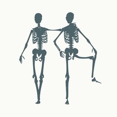 Human skeletons standing and hugging. Halloween party design template. Friends embrace