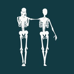 Human skeleton standing and hugging. Halloween party design template. Friends embrace