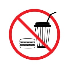 No food and drink sign. Silhouette hamburger in red circle. Sign no meal on white background. Label no eating. Symbol forbidden fast food for poster, banner. Mark warning. Flat vector illustration.
