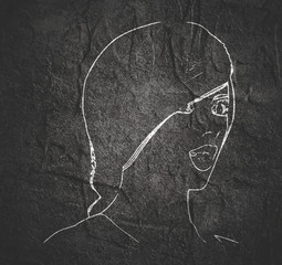 Face half turn view. Elegant outline silhouette of a female head. Portrait of a happy surprised woman