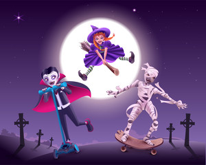 Halloween zombie party. Vampire, witch and mummy rush to masquerade