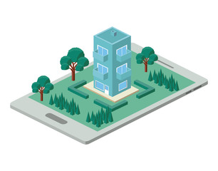 building and trees isometric scene on smartphone. Vector illustration