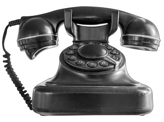 vieux téléphone en bakélite, noir et blanc, fond blanc 