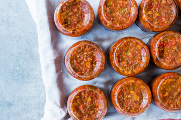 Homemade Preserved Tomato Paste Sauce in Glass Jar.