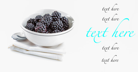 Fototapeta na wymiar Delicious fresh blackberries and ripe black and reddish garnet. In white bowl and isolated background. Space available to insert your text.
