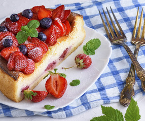 cheesecake made of cottage cheese and fresh strawberries