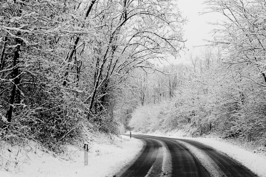 winter road with snow on the ground. travel in difficult way to enjoy the colder season. white image with black asphalt in contrast. drive and travel concept
