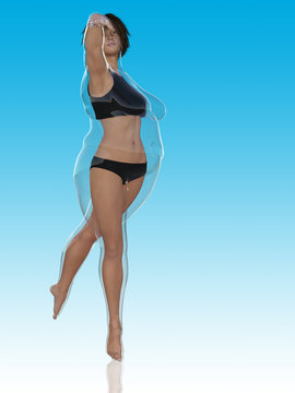 Conceptual fat overweight obese female vs slim fit healthy body after weight loss or diet with muscles thin young woman on blue. A fitness, nutrition or fatness obesity, health shape 3D illustration