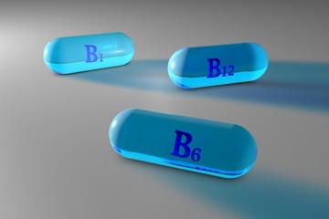 Transparent blue vitamin B1, B6, B12 capsules. Vitamin and mineral complex. 3d illustration