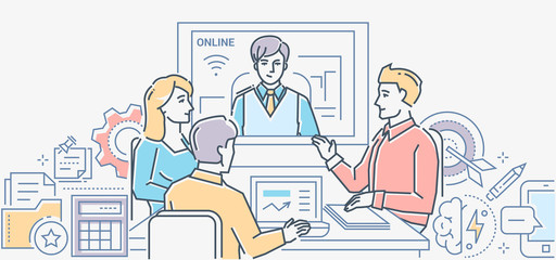Video conference - colorful line design style illustration