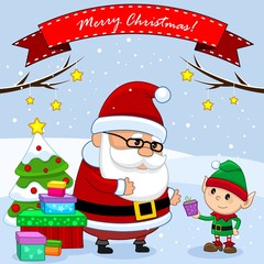 Illustration of a postcard with Santa Claus and an elf with a gift, a Christmas tree and an inscription of Merry Christmas.