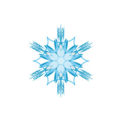 Snowflake sign. Silhouette design blue snowflake on white background. Symbol of Christmas holiday season. Colorful template for prints, card. Isolated graphic element. Flat vector illustration.