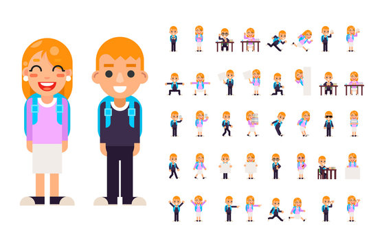 School boy girl student pupil different poses actions teen characters kid set isolated education flat design vector illustration
