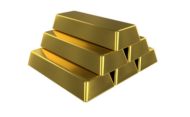 3D realistic render of pile golden bars. Isolated on white background.