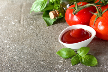 Homemade ketchup sauce with basil leaves and fresh tomatoes