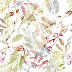 Floral seamless watercolor pattern «Leaves and cherry».