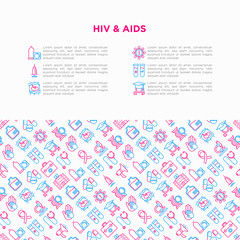 Fototapeta na wymiar HIV and AIDs concept with thin line icons: safe sex, blood transfusion, syringe, AIDs ribbon, blood test, microscope, genetic engeering, sex education. Modern vector illustration, print media template