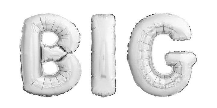 Silver word BIG made of silver inflatable balloons isolated on white
