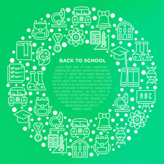 Back to school concept in circle with thin line icons: backpack, bell, book, microscope, knowledge, owl, graduation cap, bus, chemistry, mathematics. Modern vector illustration, print media template.