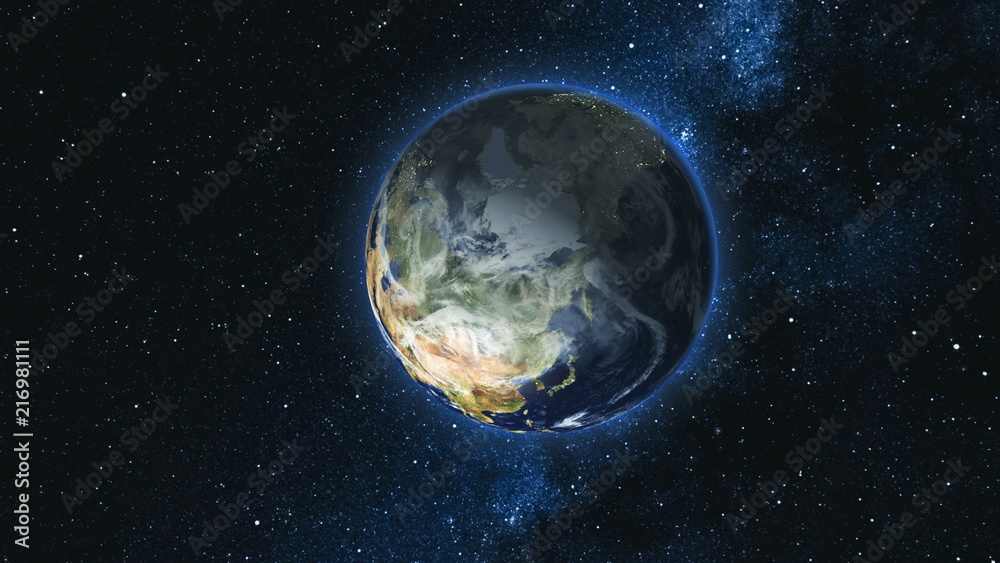 Canvas Prints realistic earth planet, rotating on its axis in space against the background of the milky way star s