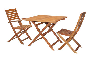 Set of folding wooden garden furniture - table and chairs isolated on white and with clipping path