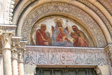 Basilica of Sant'Eustorgio in Milan (Italy) exterior, detail. This church was for years an important stop for pilgrims on their journey to Rome or to the Holy Land