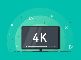 Flat screen tv with 4k Ultra HD video technology. LED television display on green background with high definition digital tech symbol. Vector Illustration.