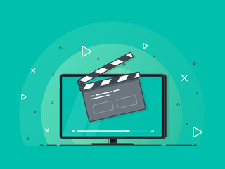 Flat screen tv with clapper board icon. Trendy flat vector on green background. Vector Illustration.