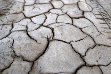 The parched earth, cracks in the ground in the desert. Global warming.