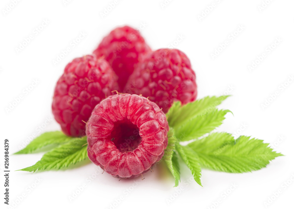 Canvas Prints Raspberry with leaves isolated on white background