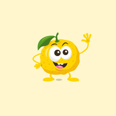 Illustration of cute happy yuzu mascot greeting someone with big smile isolated on light background. Flat design style for your mascot branding.