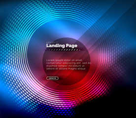 Neon glowing techno lines, hi-tech futuristic abstract background template with circles, landing page template