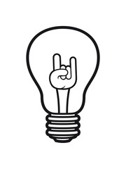 hand teufen heavy metal zeichen musik party hard rock glühbirne licht strom idee schlau überlegen lösung hell lampe leuchten birne clipart comic cartoon