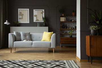Patterned carpet in front of grey sofa in scandi living room interior with posters and lamp. Real photo