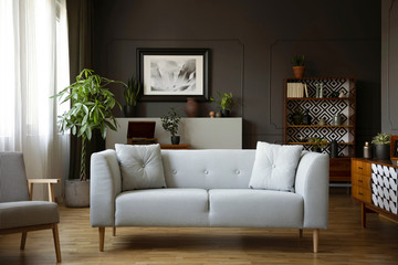 Grey sofa with pillows next to armchair in living room interior with plant and poster. Real photo