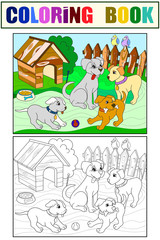 Fototapeta premium Childrens color and coloring book cartoon family on nature. Mom dog and puppies children