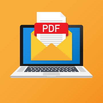 Laptop With Envelope And PDF File. Notebook And Email With File Attachment PDF Document. Vector Illustration.