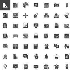 Back to school vector icons set, modern solid symbol collection, filled style pictogram pack. Signs, logo illustration. Set includes icons as  Ruler, Testing, Art, Chalkboard, Calculator, Computer