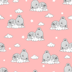 Seamless pattern with cute sleeping Teddy Bears and clouds.