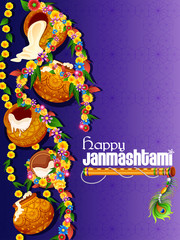 Naklejka premium Happy Krishna Janmashtami background with pot of cream Dahi Handi 