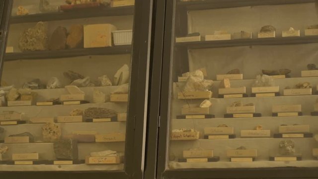 Lots of rocks and minerals exposed in a geological closet.