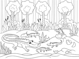 Fototapeta na wymiar Childrens cartoon family of crocodiles in Africa. Coloring book. Black lines, white background