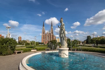 Gordijnen La Plata Cathedral and Plaza Moreno Fountain - La Plata, Buenos Aires Province, Argentina © diegograndi