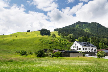 Beautiful Alps mountains landscape with Zwolferkogel cable car in Hinterglemm-Saalbach, Zell am See district, Salzburg federal state, Austria