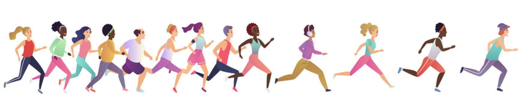 Jogging running people. Sport running group concept. People athlete maraphon runner race, various people runners.