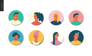 Bright people portraits set - hand drawn flat style vector design concept illustration of young men and women, male and female faces avatars. Flat style vector round icons set